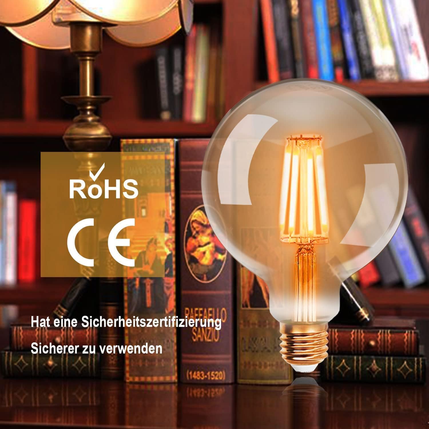 CLICKFUSION Edison Vintage Glühbirne, 95mm Durchmesser, G95 E27 LED Filament Lampe, 4W Ersetzt 40W Glühlampe, 400 LM, 2200K Warmweiß, Bernsteinfarbenes Glas, Nicht Dimmbar, 2 Stück