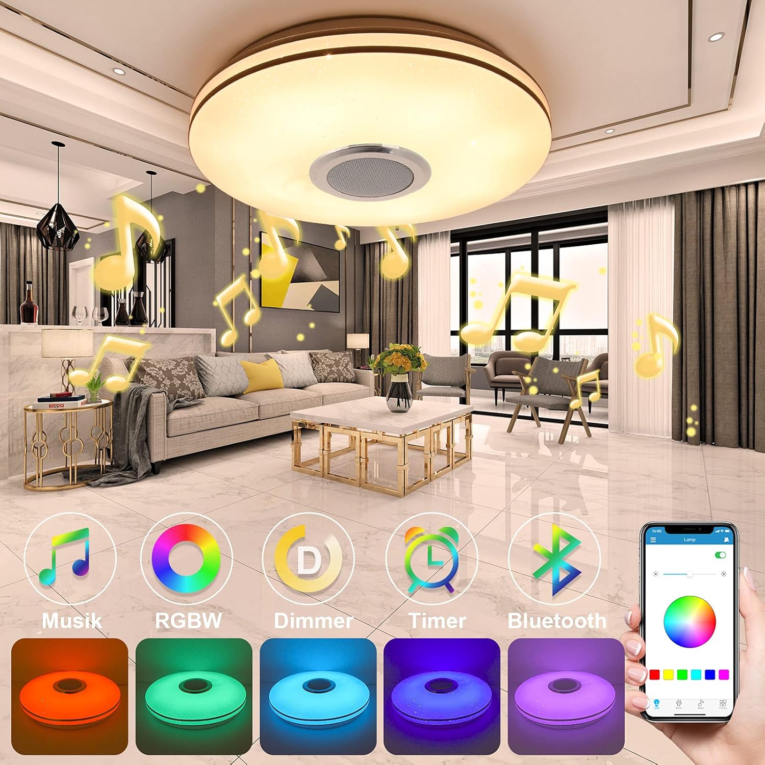 CLICKFUSION 36 W LED Ceiling Light Dimmable with Bluetooth Speaker, Remote Control and App Control, LED Ceiling Light with RGB Colour Changing, Music for Bedroom, Children's Room, Living Room [Energy Class D]