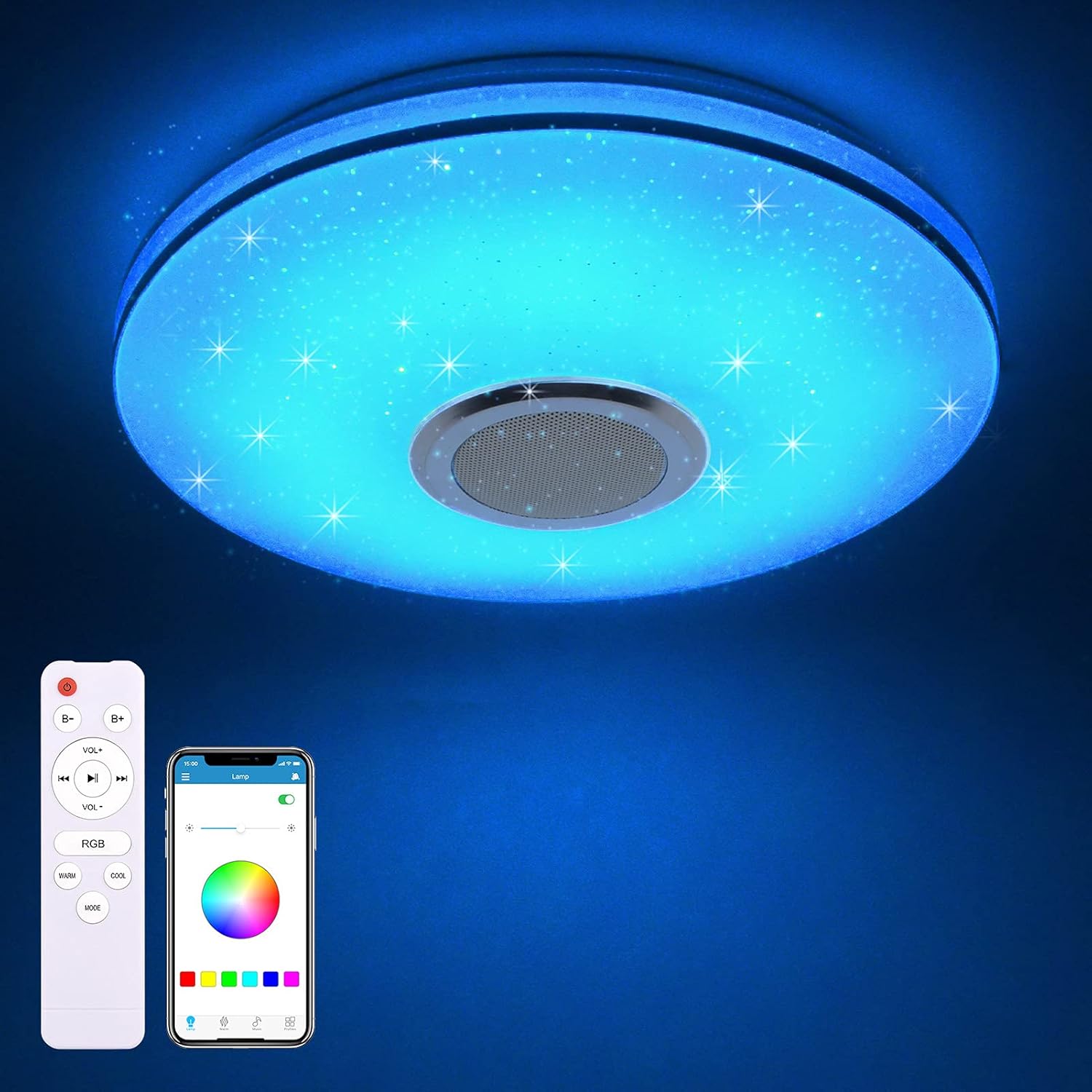 CLICKFUSION 36 W LED Ceiling Light Dimmable with Bluetooth Speaker, Remote Control and App Control, LED Ceiling Light with RGB Colour Changing, Music for Bedroom, Children's Room, Living Room [Energy Class D]