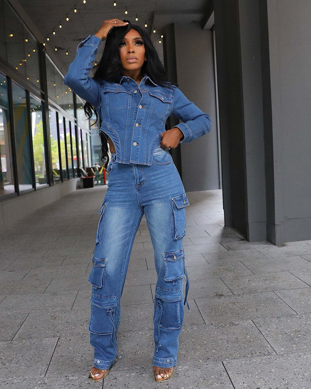 Denim Long Sleeve Shirt & Multi-Pocket Jeans Set