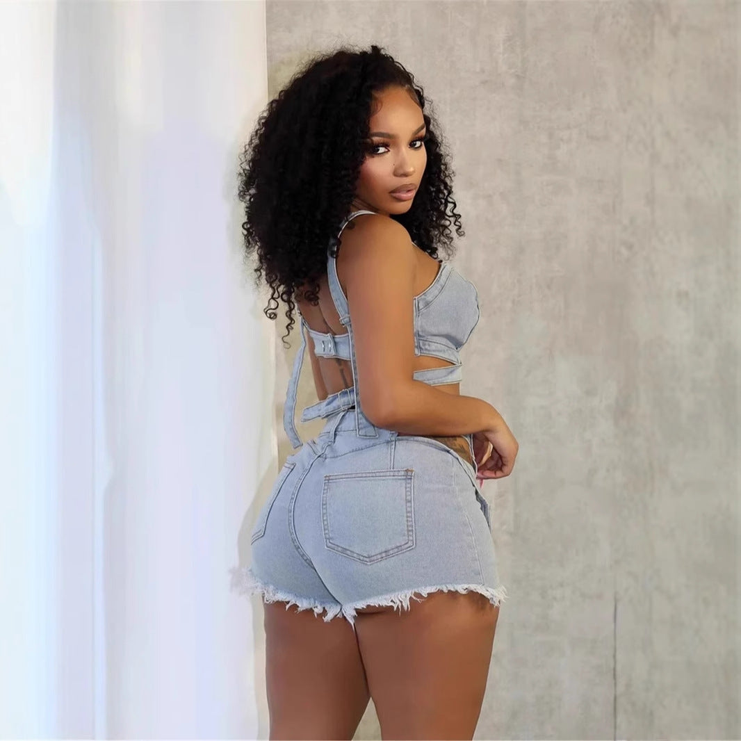 Denim Top & Cut Out Shorts SET