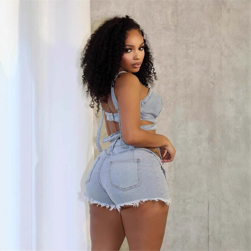 Denim Top & Cut Out Shorts SET