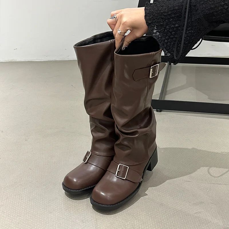 Leather Pleated Low Heel Casual Versatile Long Boots