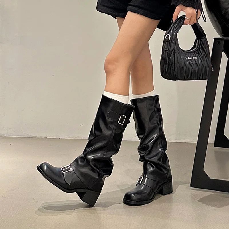 Leather Pleated Low Heel Casual Versatile Long Boots