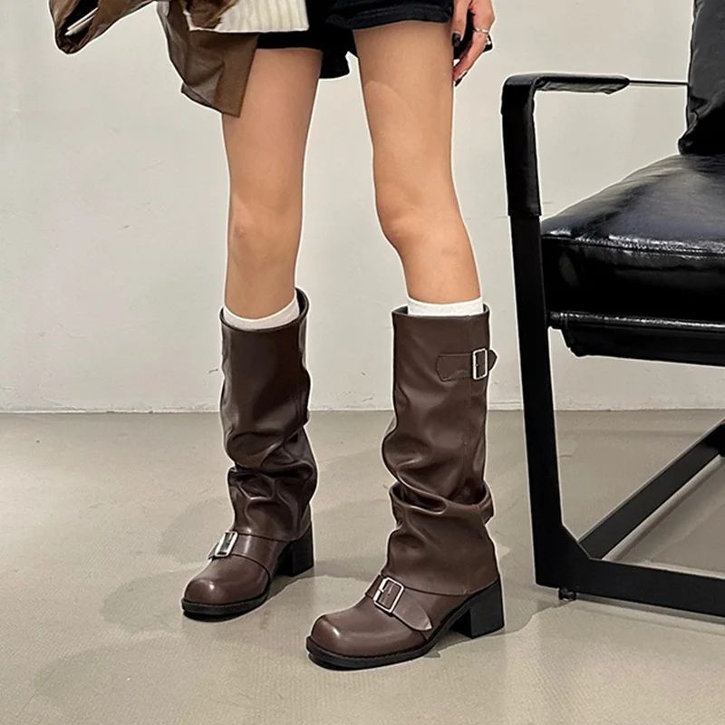 Leather Pleated Low Heel Casual Versatile Long Boots