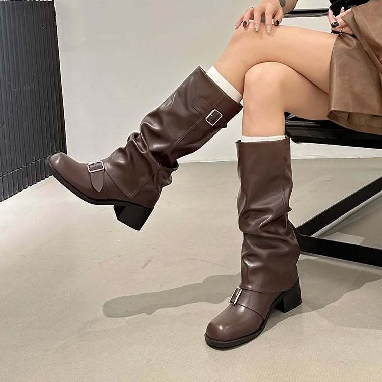 Leather Pleated Low Heel Casual Versatile Long Boots