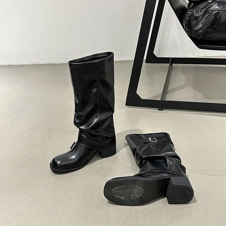 Leather Pleated Low Heel Casual Versatile Long Boots