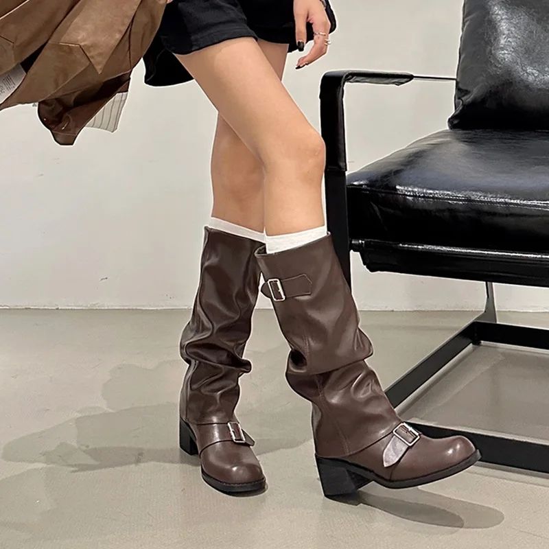 Leather Pleated Low Heel Casual Versatile Long Boots