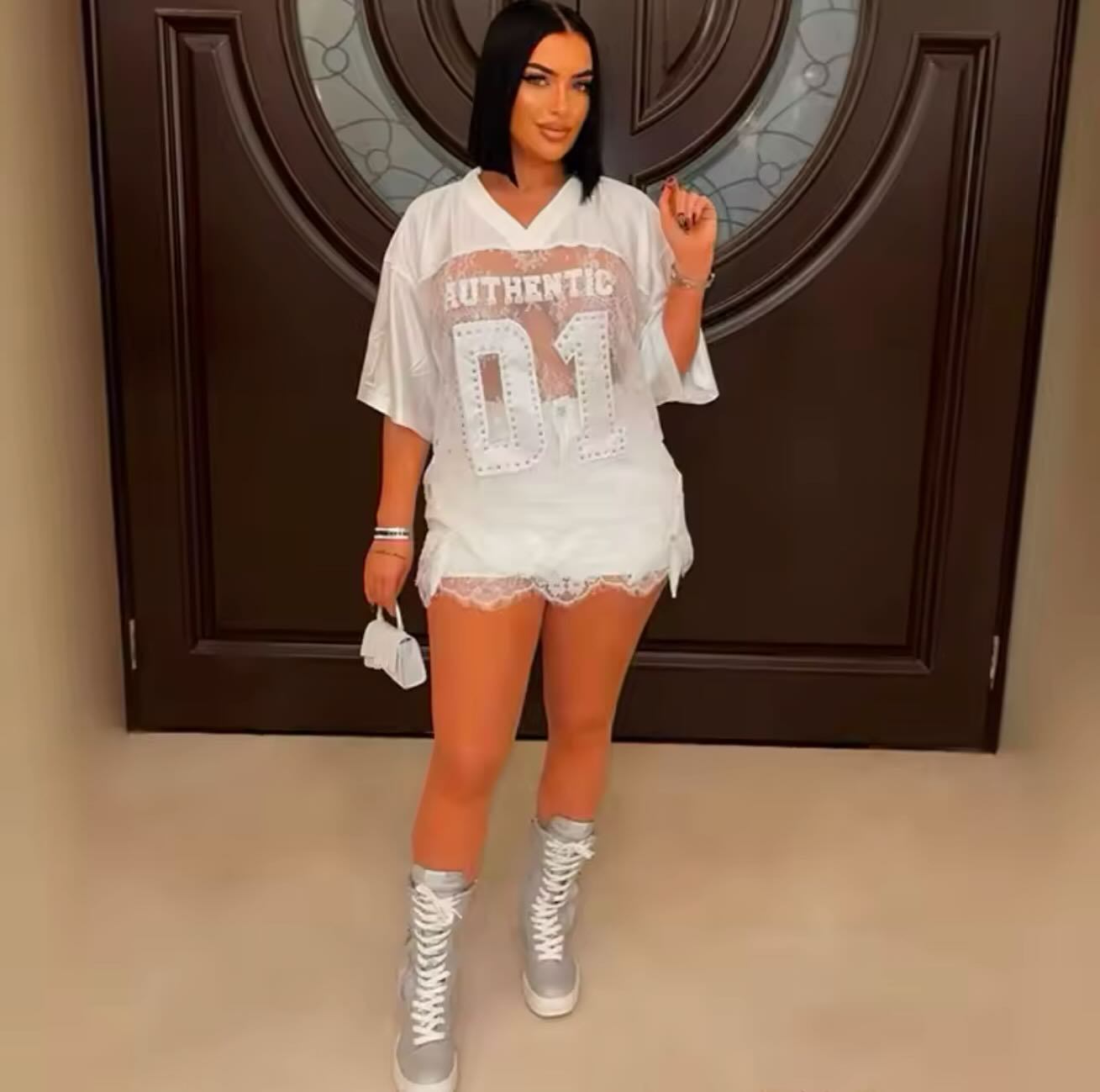 Kaylor V-neck Oversized Lace Jersey Top