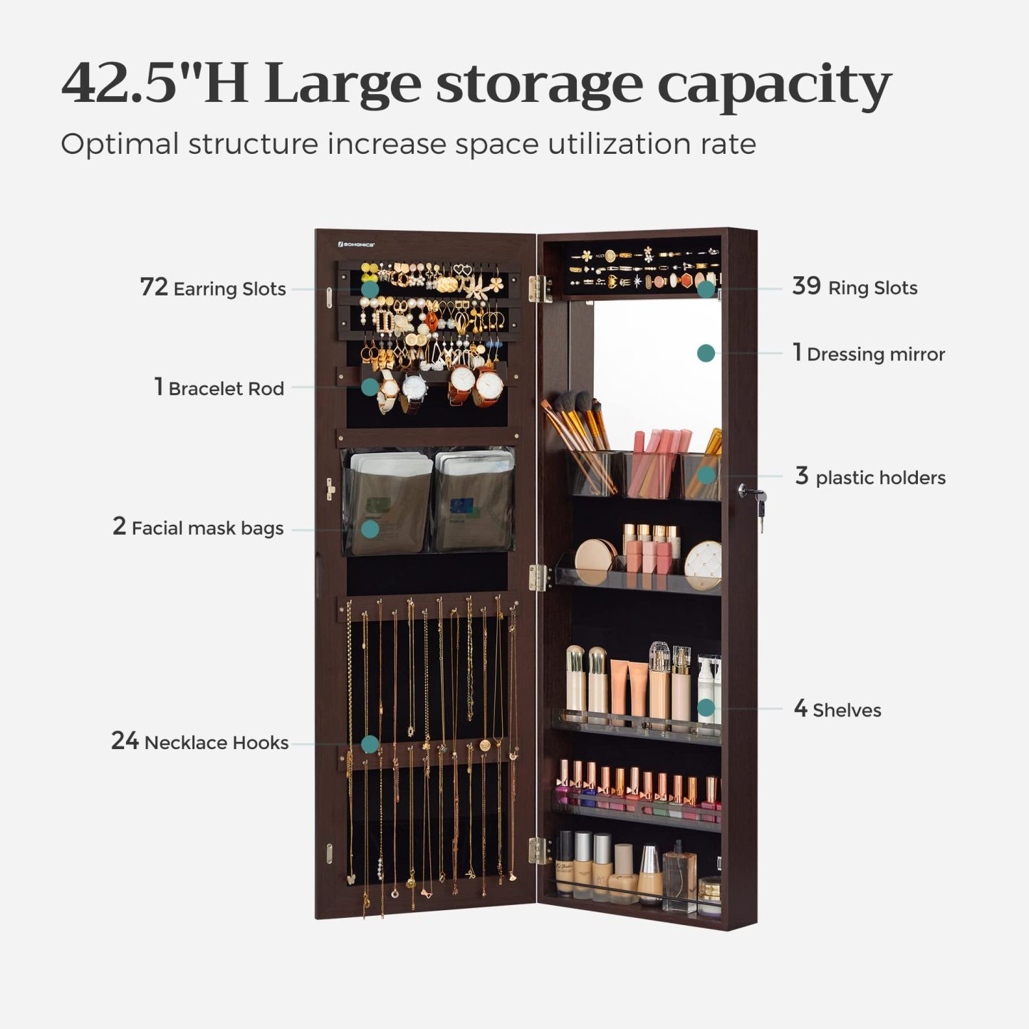 Door Mount Storage Organizer Full-Length Frameless Mirror