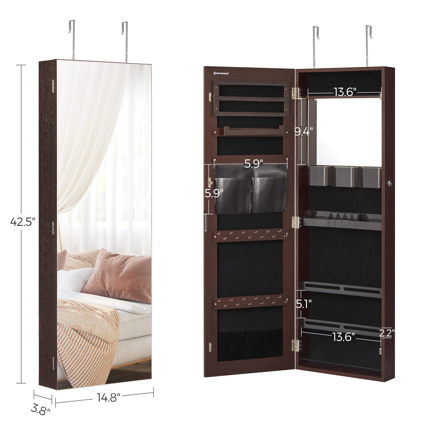 Door Mount Storage Organizer Full-Length Frameless Mirror