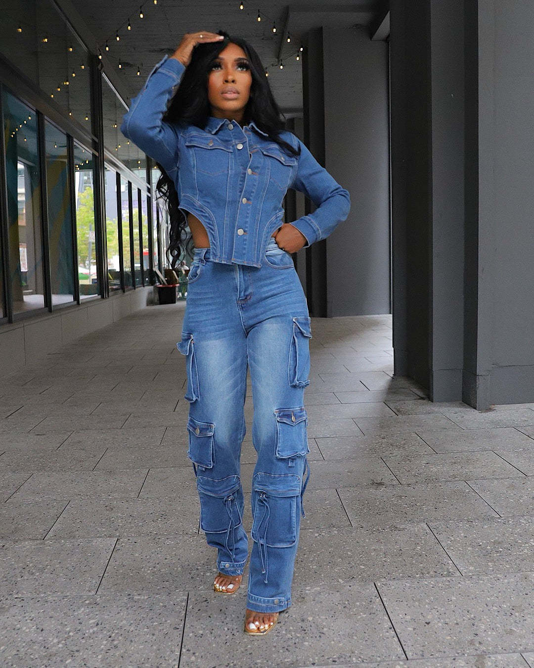Denim Long Sleeve Shirt & Multi-Pocket Jeans Set