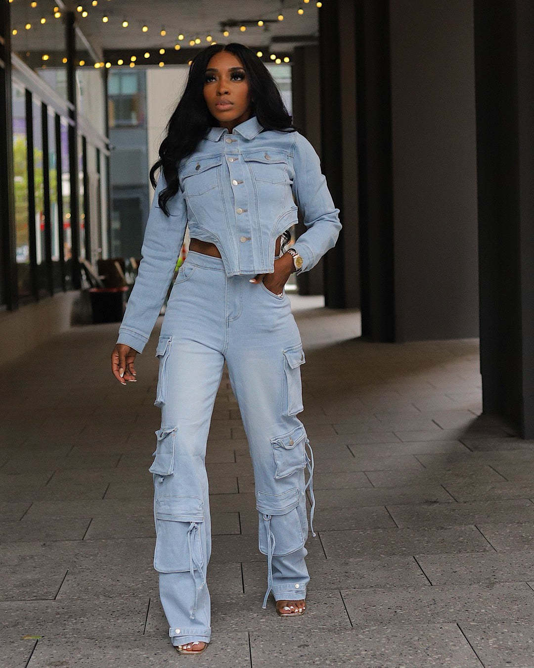 Denim Long Sleeve Shirt & Multi-Pocket Jeans Set