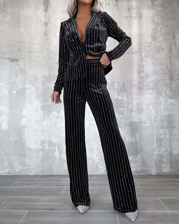 Black Elegant Rhinestone Top & Pants Set