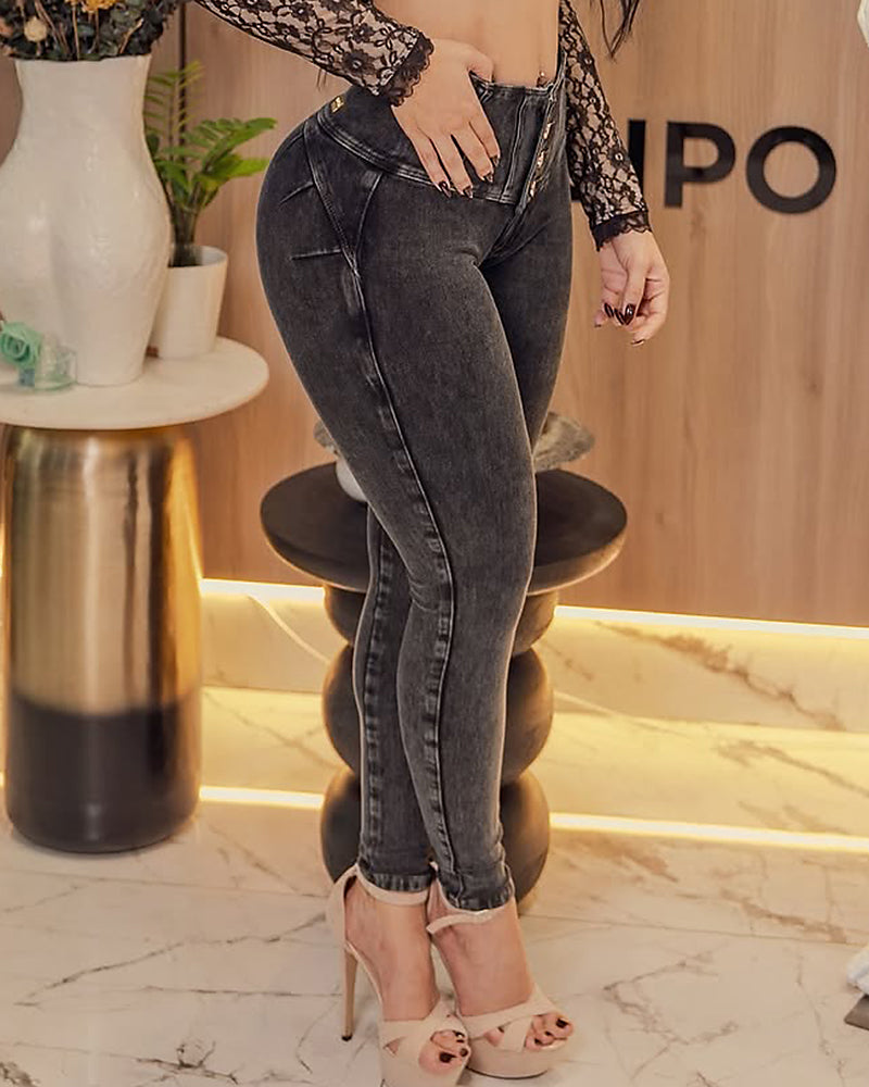 Vintage Distressed Multi Button Tummy Control Jeans