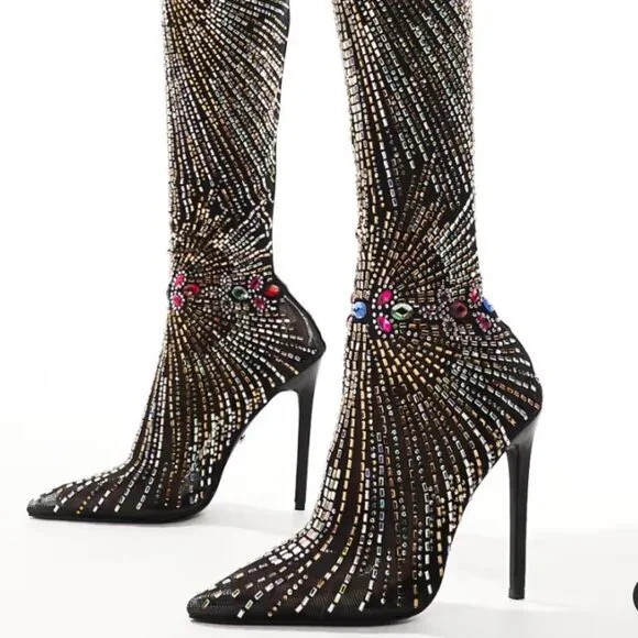 Stretch Mesh Rhinestone Thigh High Dress Boots