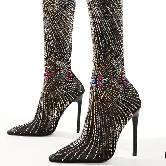 Stretch Mesh Rhinestone Thigh High Dress Boots