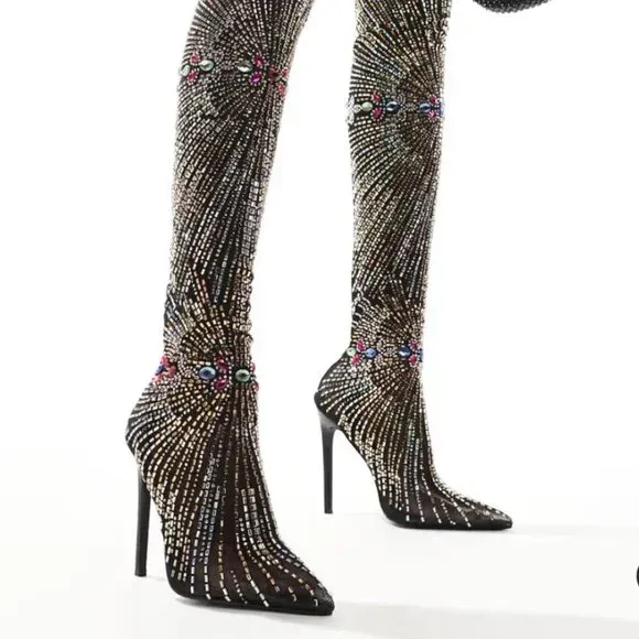 Stretch Mesh Rhinestone Thigh High Dress Boots