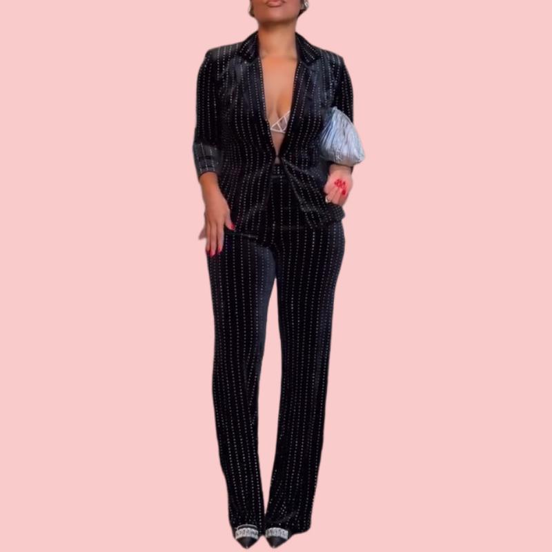 Black Elegant Rhinestone Top & Pants Set