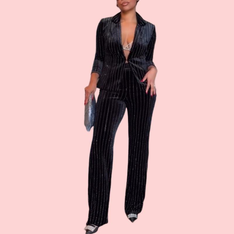 Black Elegant Rhinestone Top & Pants Set
