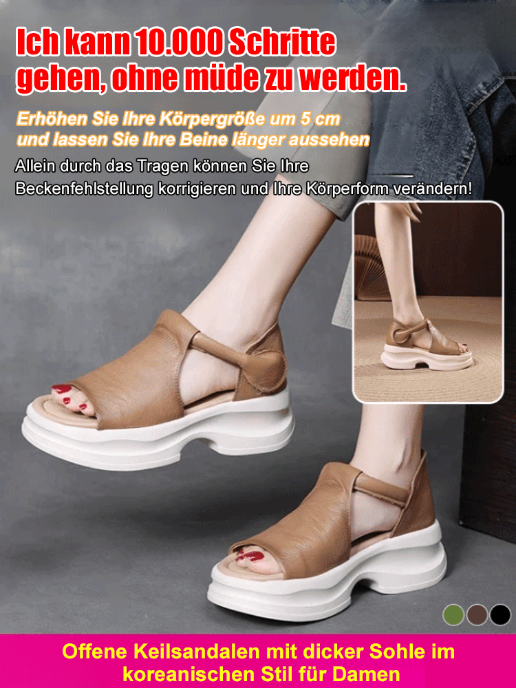 5cm Plateau-Wedgesandalen im koreanischen Stil mit offenem Zeh – echtes Leder ohne Fußschmerzen bei langem Gehen