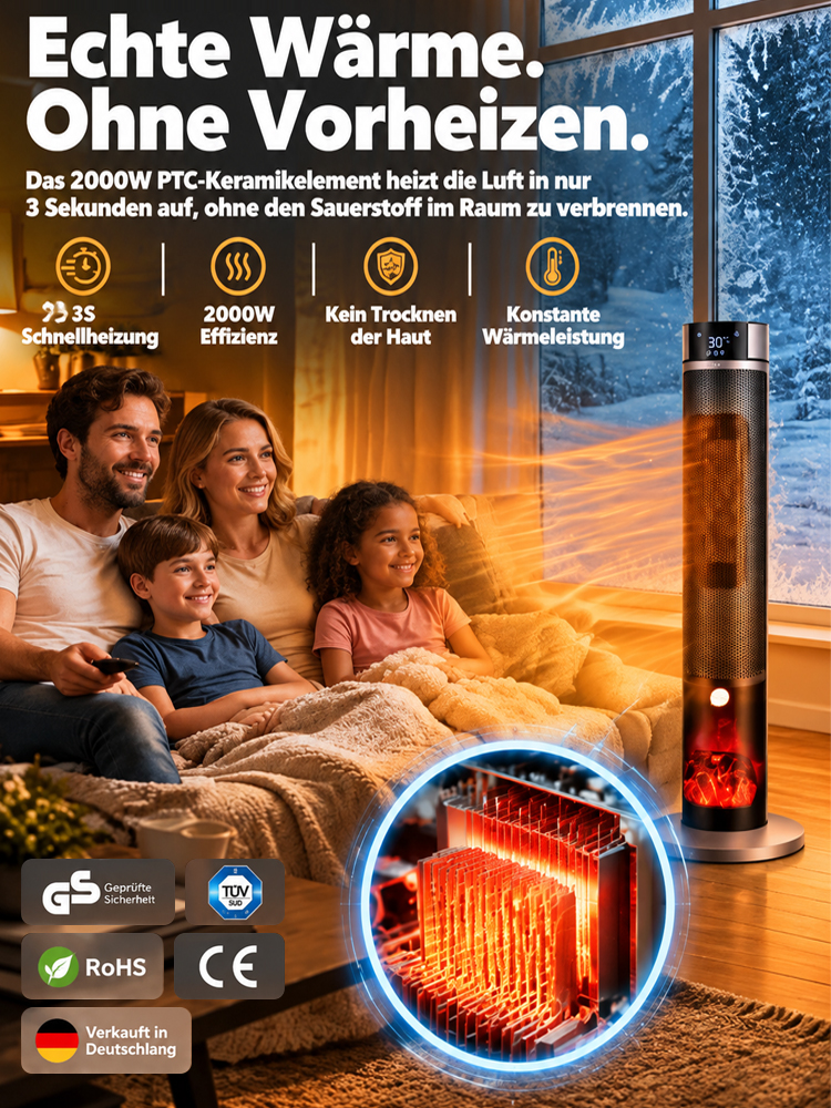 [Nur 1 kWh pro Woche] Premium 3D-Kamin Heizlüfter | 3 Sek. Schnellheizung | A+++ KI-Energiesparmodus