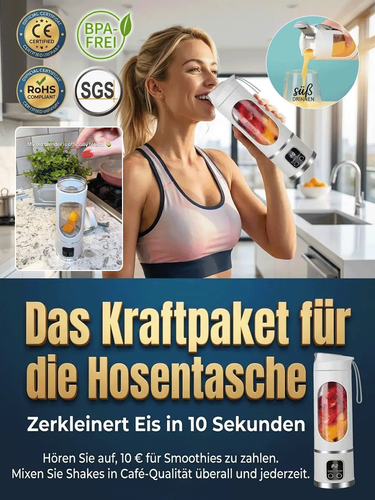 Kompakter tragbarer Mixerbecher 🥤 5 Sekunden Smoothie, kernglos & ohne Rückstände ✅