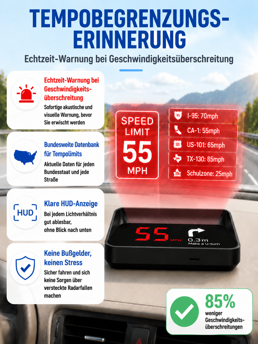 【Kostenloser Versand】Intelligentes KI-Head-up-Display 🚗 | GPS-Tachometer | Kampfjet-Technologie | Sichere Nachtsicht