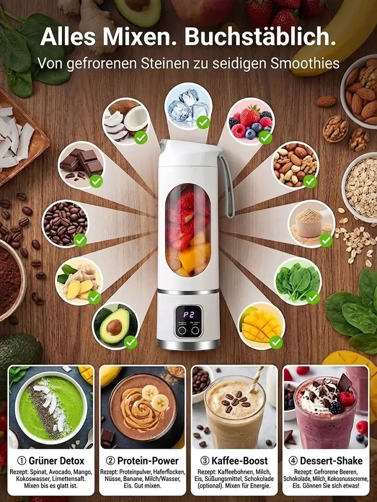 Kompakter tragbarer Mixerbecher 🥤 5 Sekunden Smoothie, kernglos & ohne Rückstände ✅