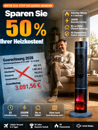[Nur 1 kWh pro Woche] Premium 3D-Kamin Heizlüfter | 3 Sek. Schnellheizung | A+++ KI-Energiesparmodus