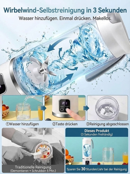 Kompakter tragbarer Mixerbecher 🥤 5 Sekunden Smoothie, kernglos & ohne Rückstände ✅