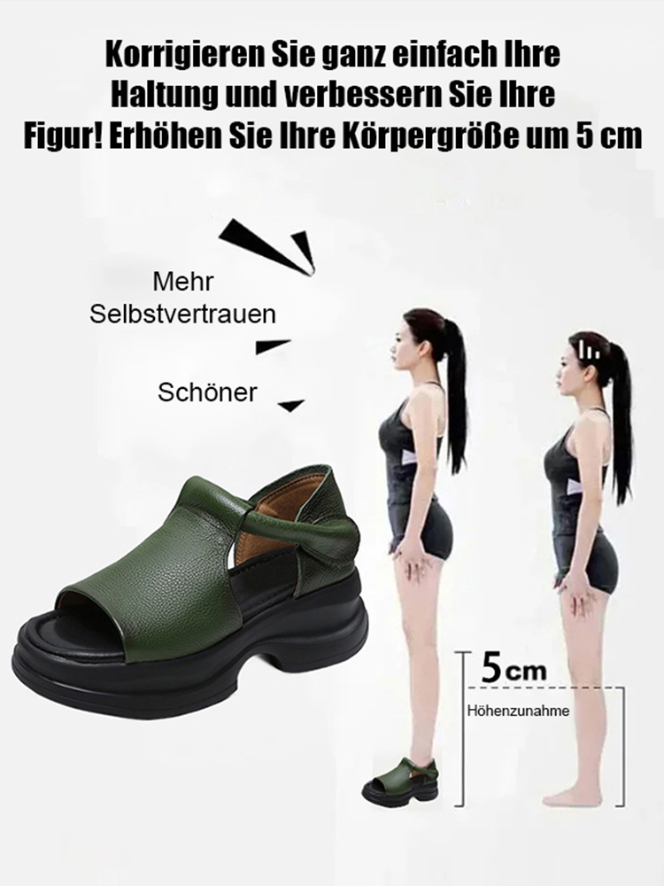 5cm Plateau-Wedgesandalen im koreanischen Stil mit offenem Zeh – echtes Leder ohne Fußschmerzen bei langem Gehen