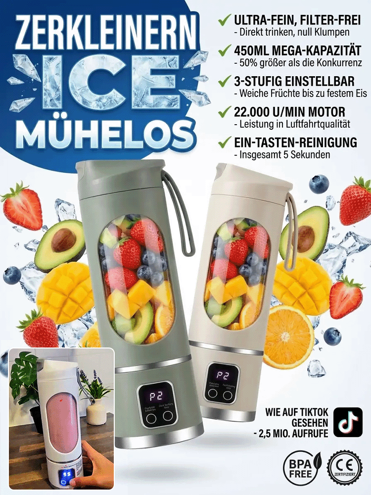 Kompakter tragbarer Mixerbecher 🥤 5 Sekunden Smoothie, kernglos & ohne Rückstände ✅