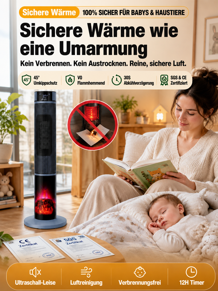[Nur 1 kWh pro Woche] Premium 3D-Kamin Heizlüfter | 3 Sek. Schnellheizung | A+++ KI-Energiesparmodus