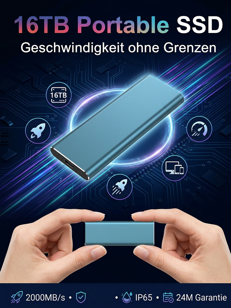 Profi Externe SSD 16TB Dresden-Technologie✨USB 3.2 Gen 2 mit 2000 MB/sTÜV geprüft und IP67 wasserfest geschützt