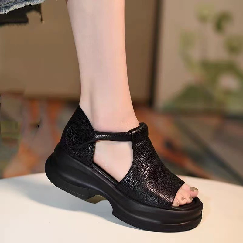 5cm Plateau-Wedgesandalen im koreanischen Stil mit offenem Zeh – echtes Leder ohne Fußschmerzen bei langem Gehen