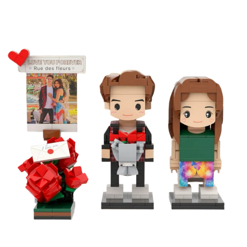 Full Body Custom Photo 2 people Cute Brick Figure with Rose Valentines Gift Anniversary Gift