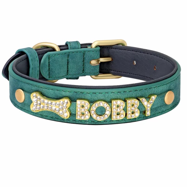 Personalized Leather Crystal Dog ID Collar