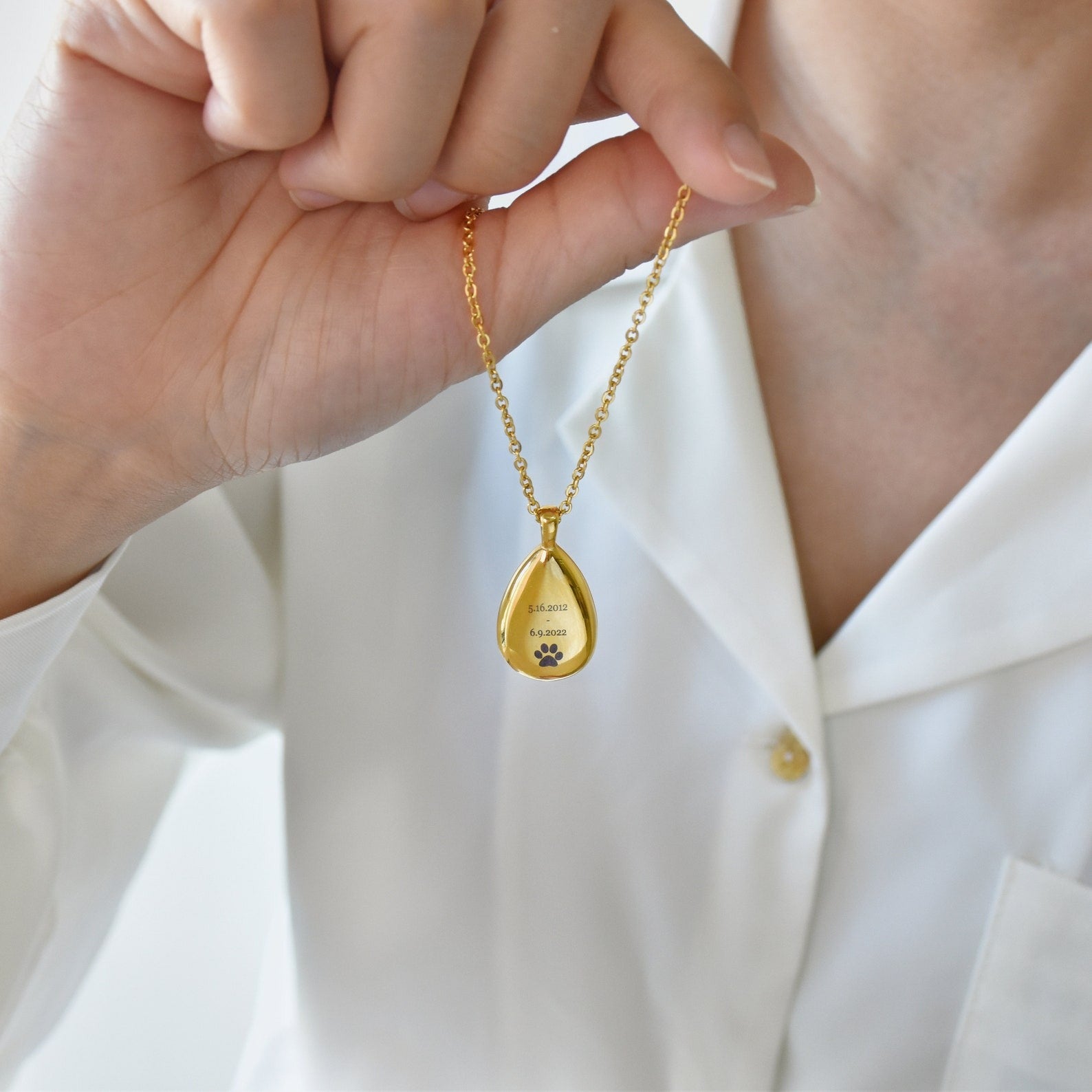 Cherish Your Pet Forever - Gold Plated Teardrop Pet Memorial Necklace. #PetMemorial #GoldPlatedNecklace #PetLoversJewelry