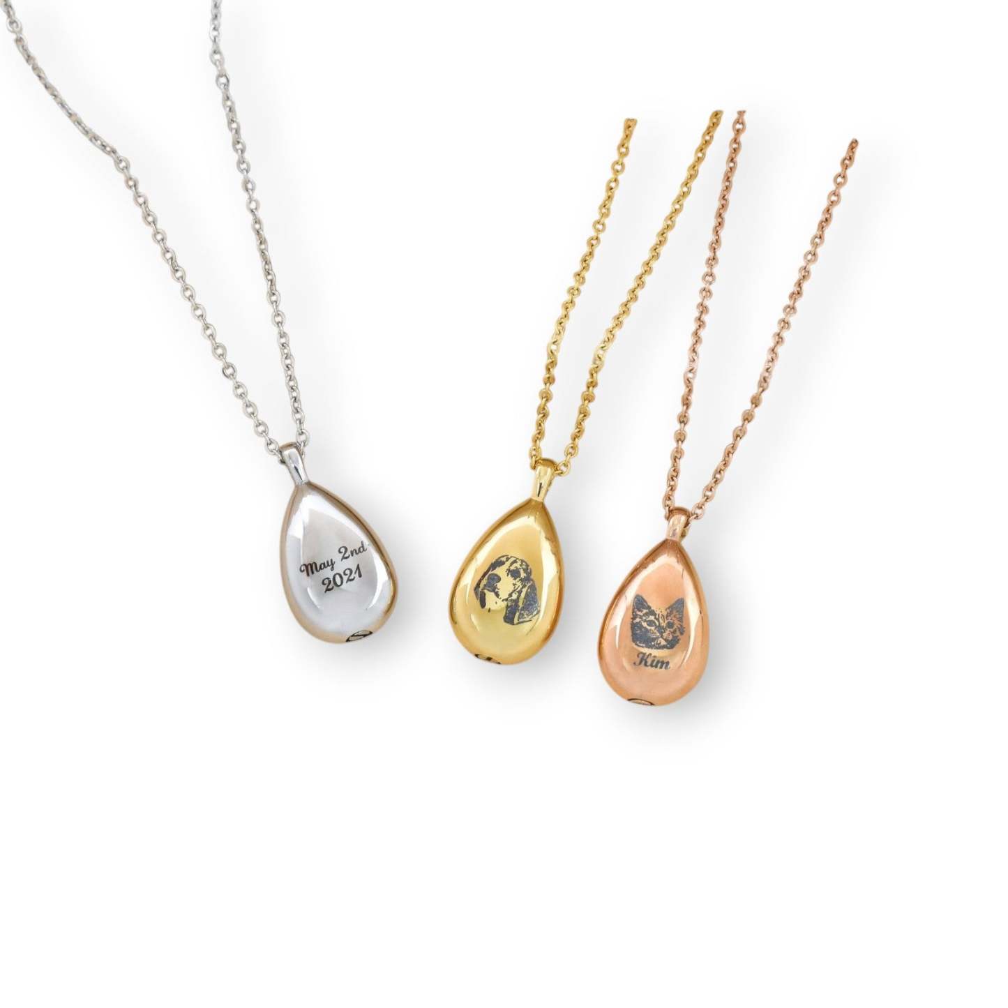 Memorialize Your Beloved Pet - Custom Engraved Pet Ashes Teardrop Necklace. #PetMemorialNecklace #CustomPetJewelry #AshesPendant