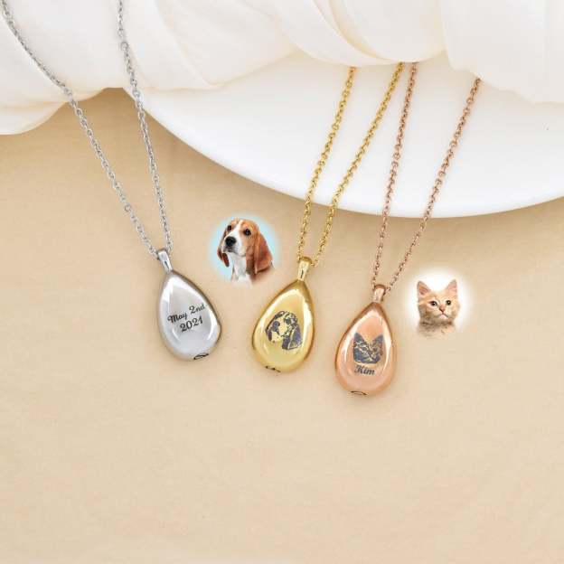 Memorialize Your Beloved Pet - Custom Engraved Pet Ashes Teardrop Necklace. #PetMemorialNecklace #CustomPetJewelry #AshesPendant
