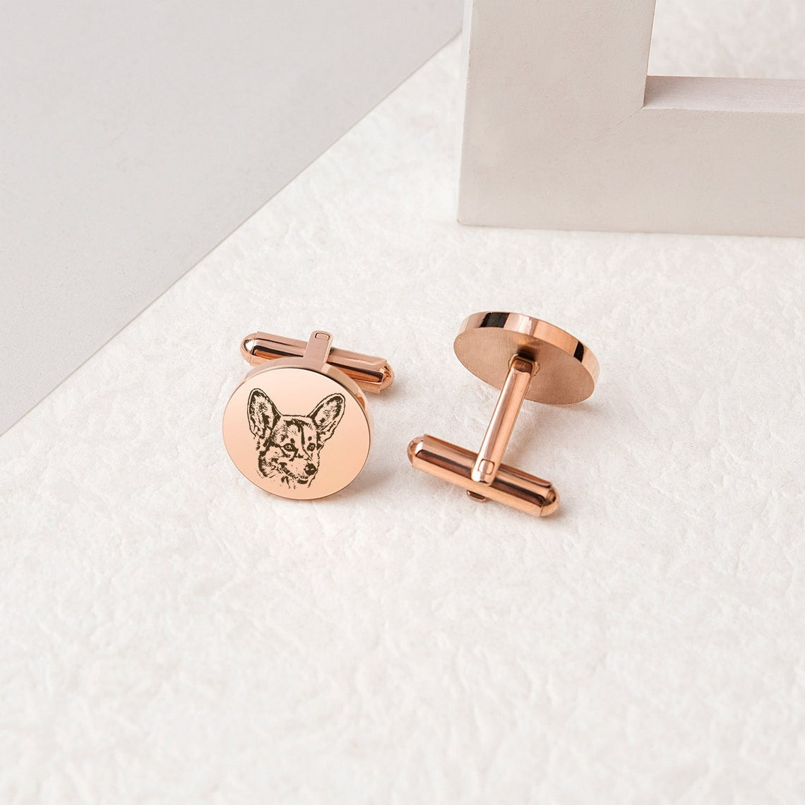 Wear Your Love for Your Pet - Custom Dog Portrait Cufflinks in Rose Gold. #DogLoverGift #RoseGoldCufflinks #PetPortraitJewelry