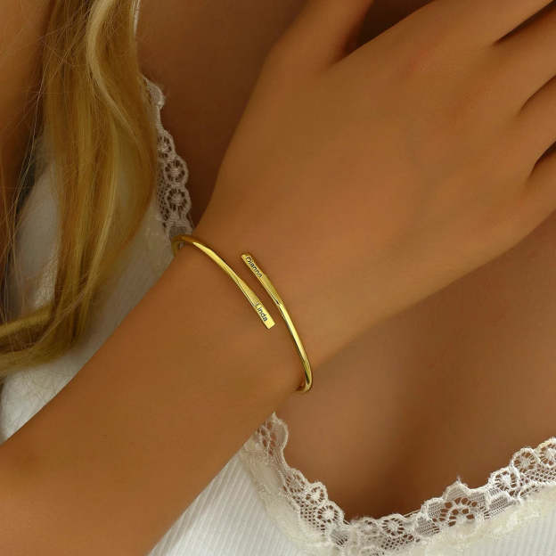 Personalized Gold Name Bar Bracelet – Custom Engraved Bangle with Two Name Plates | Elegant Gold Bangle Bracelet Gift for Women