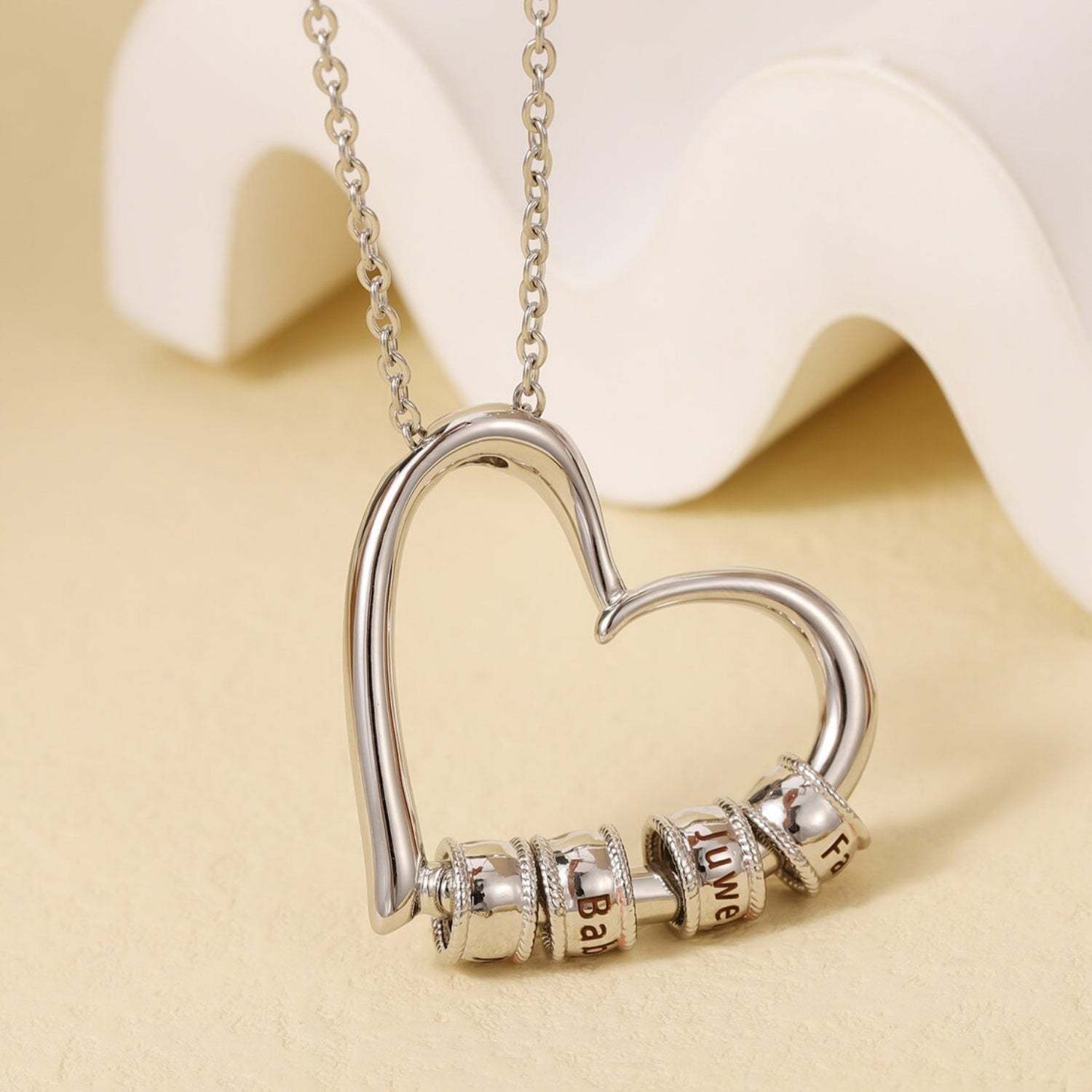 Custom Engraved 14K White Gold Heart Necklace – Personalized Name Beads – Elegant Gift for Her