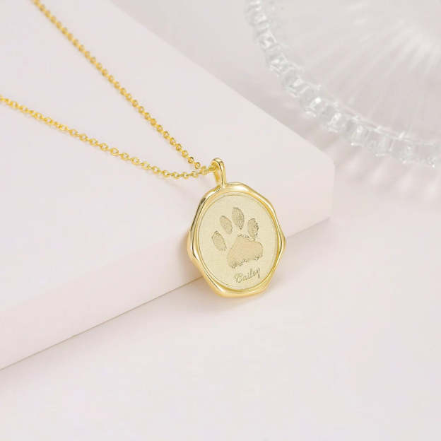 14k Gold Plated Custom Paw Print Necklace - Personalized Pet Jewelry Gift