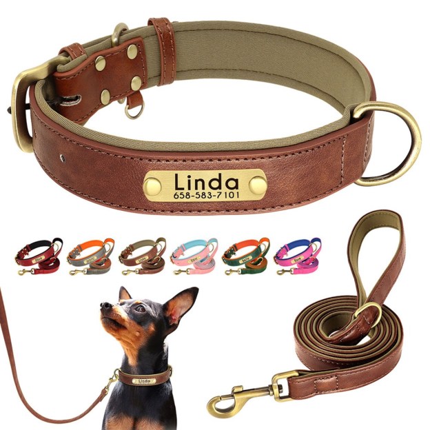 Custom PU Leather Dog ID Collar and Leash Set - Personalized with Name and Number, Available in Brown, Pink, Green, Rose Red