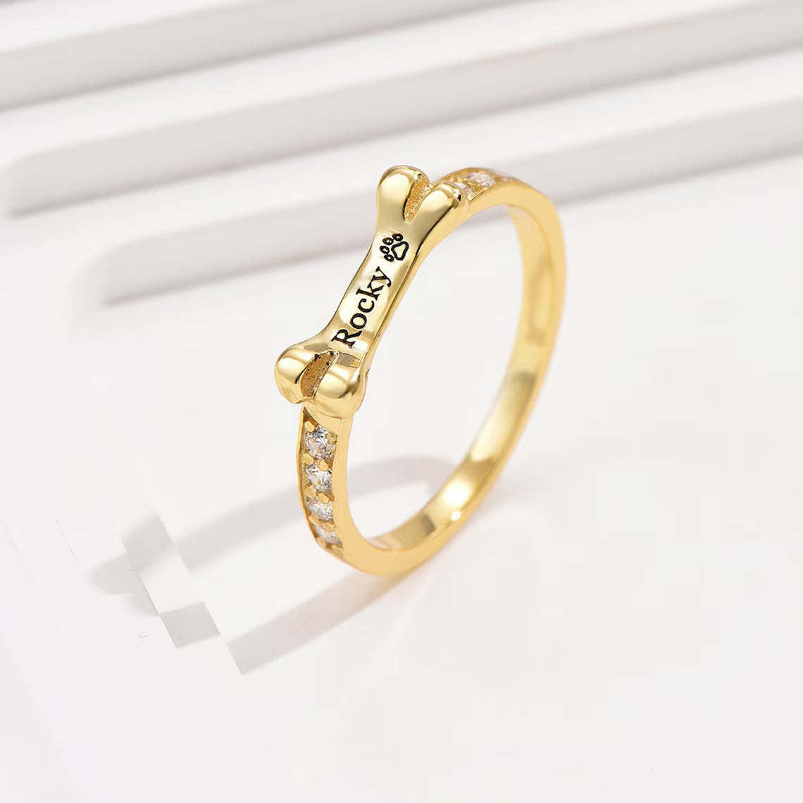 Custom Gold-Tone Dog Bone Ring - Personalized with Your Pet's Name. #PetNameRing #DogBoneRing #GoldToneJewelry