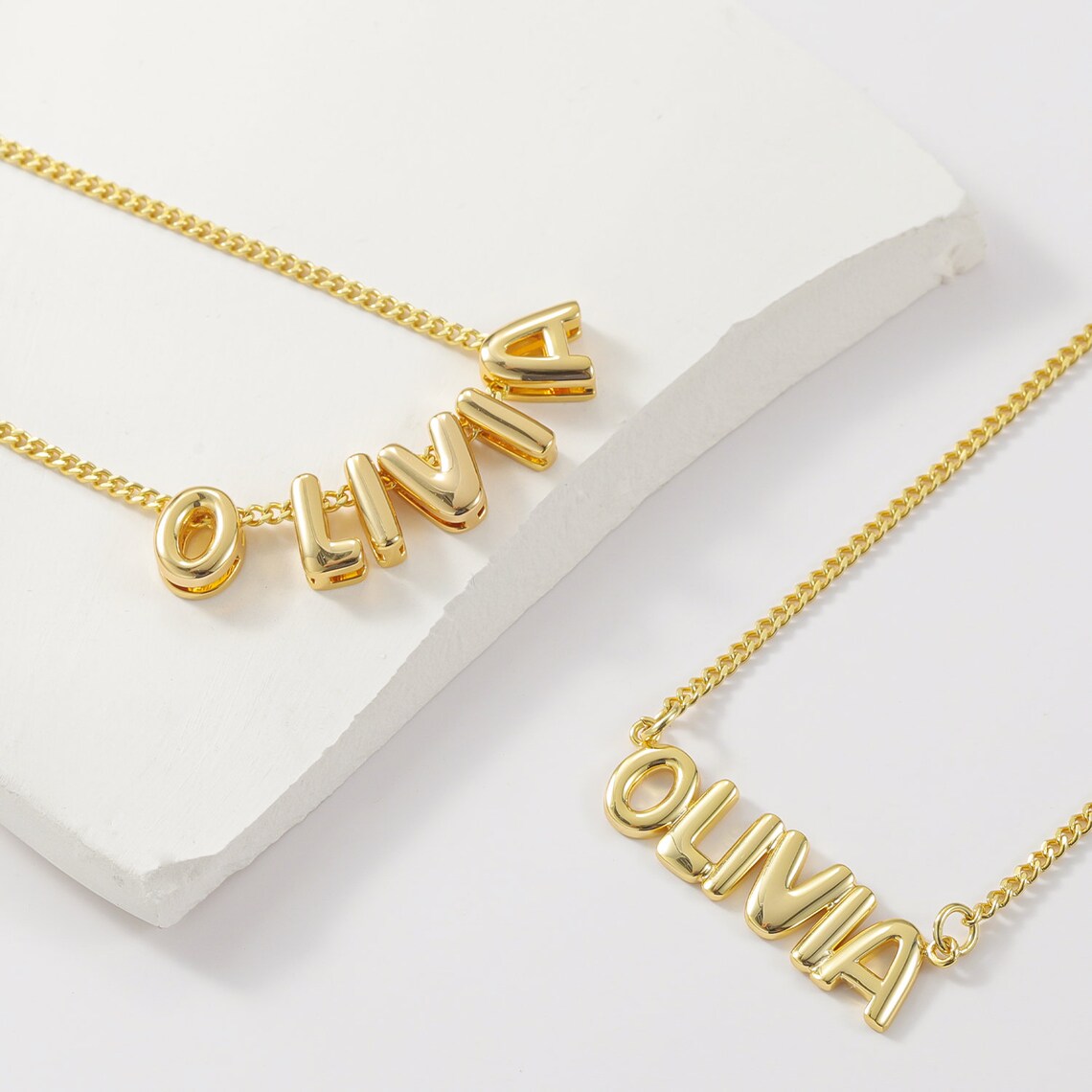 Custom Engraved 14K Gold 3D Bubble Name Necklace – Personalized Jewelry with Unique Textured Design – Perfect Gift for Her