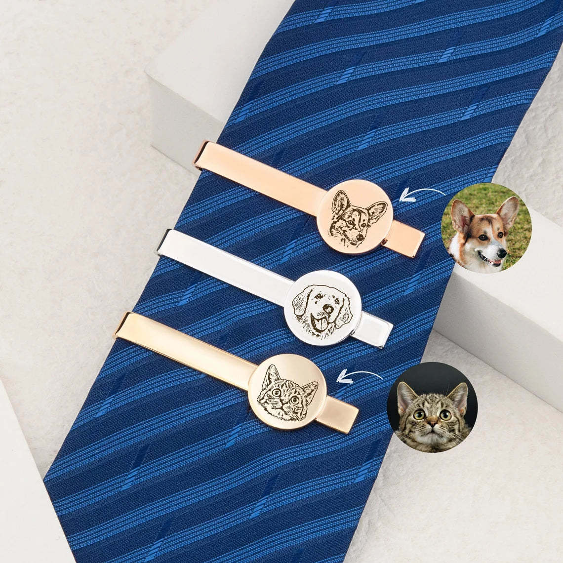 Custom Pet Portrait Tie Clips - Gold, Silver, Rose Gold