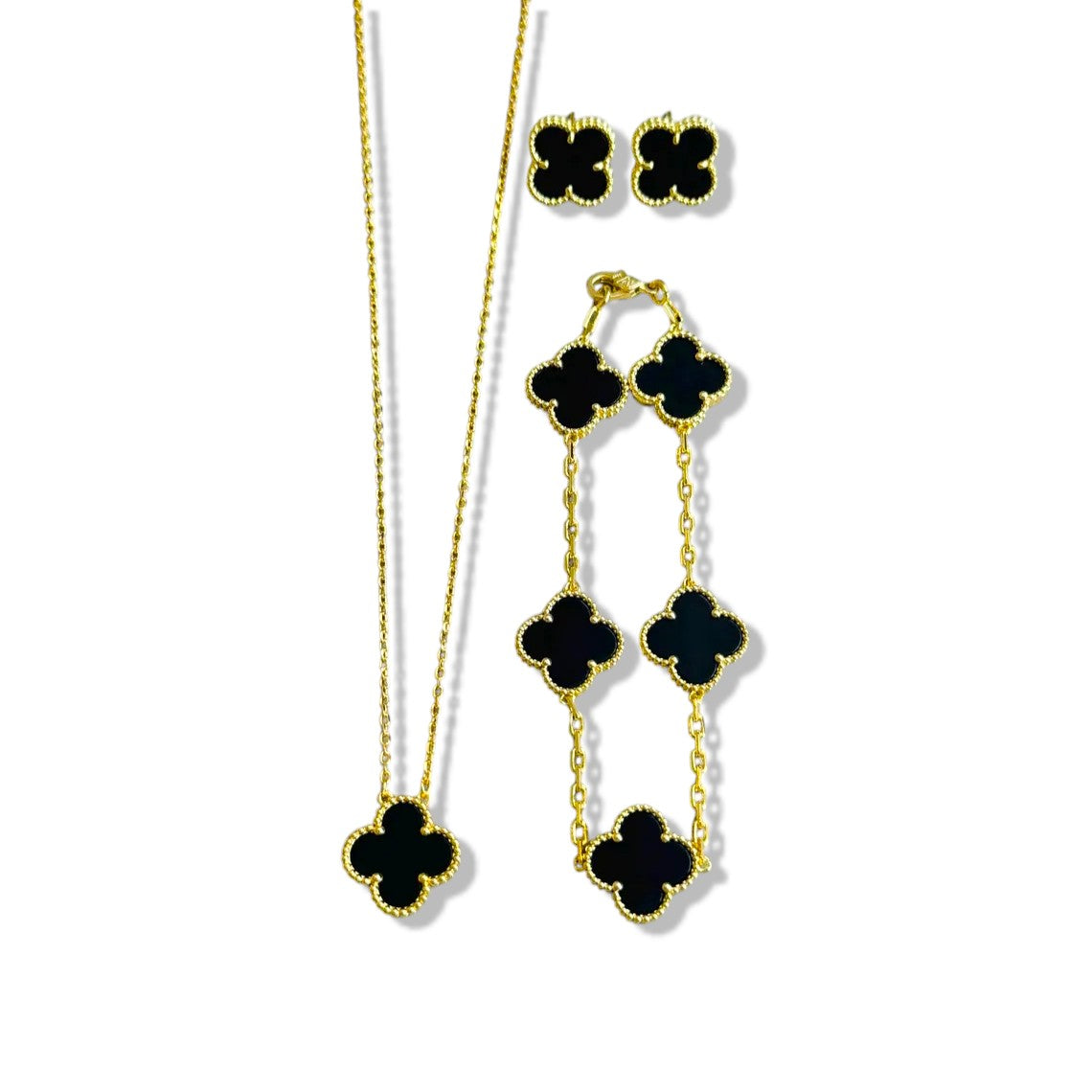 Luxury 18K Gold Plated Black Clover Jewelry Set for Women – Lucky Clover Necklace, Bracelet & Stud Earrings | Elegant Gold Jewelry Gift for Her